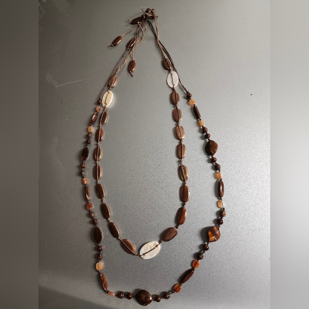 Long Double Strand Brown n Cream Glass Beaded Bohemian Necklace/Belt